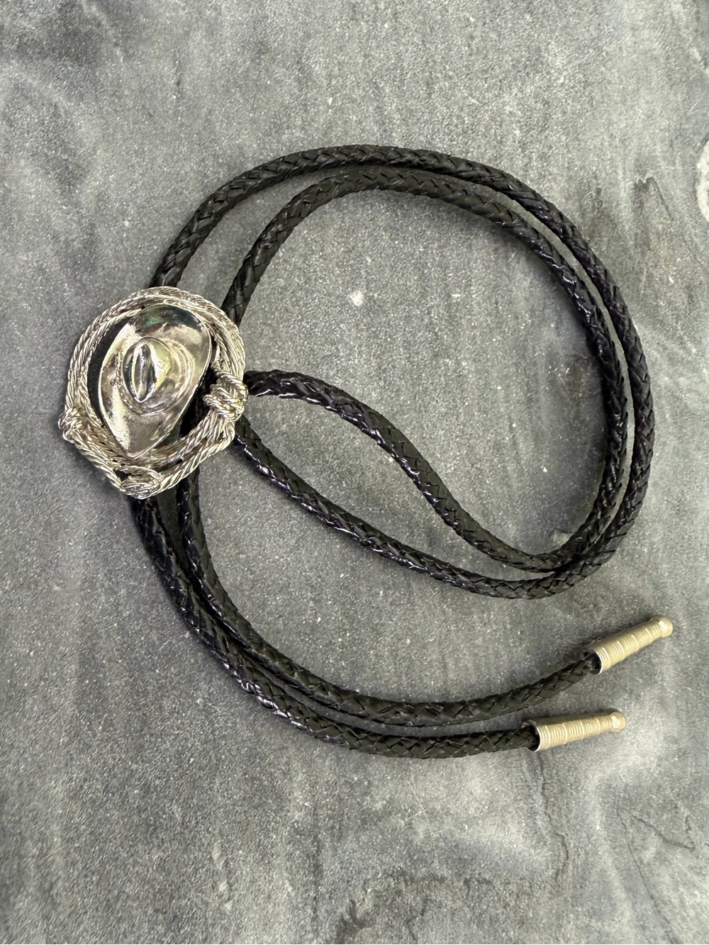Vintage Bolo Tie Black Braided Leather Silver Cowboy Hat Slide